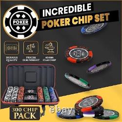 Poker Chips Set with Case 300 Clay Poker Chips 2 Card Decks, Dealer Button &