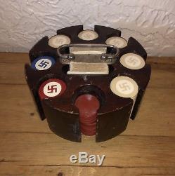 Pre-WW2 Swastika Poker Set in Wood Lazy Susan with 2 Decks and Full Set of Chips