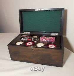 Quality antique handmade wood clay fleur de lis chip poker gambling box card set