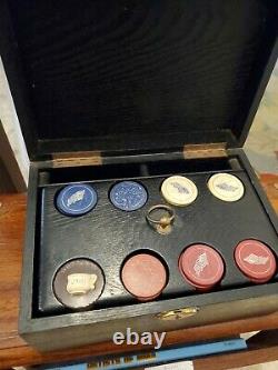 RARE 19th Century 33 Star Flag & No Monkeying Clay Poker Chip Set w Dealer Chip