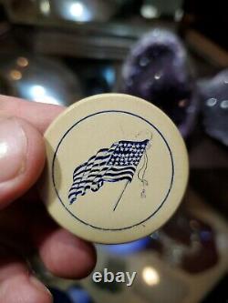 RARE 19th Century 33 Star Flag & No Monkeying Clay Poker Chip Set w Dealer Chip