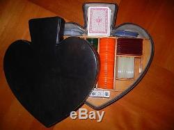 RARE VINTAGE ITALIAN POKER SET CHIPS & PLAYING CARDS IN WOOD LINED LEATHER CASE