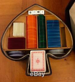 Rare Vintage Italian Poker Set Chips & Playing Cards In Wood Lined Leather Case