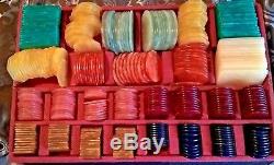 RARE Vintage Casino Gaming European Poker Chip Set 350 Chips/Plaques Case Key