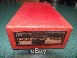 RARE Vintage Drueke CLAY Poker Chips Set No. 351 100 Chips Rare Design