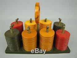 Rare Antique Bakelite Poker Chip Ship Set Metal Clasps 199 Chips with Caddy