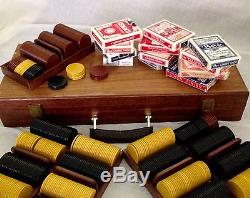 Rare Antique Clay Poker Set with 560 Chips in Black, Brown, YellowithGold & Case