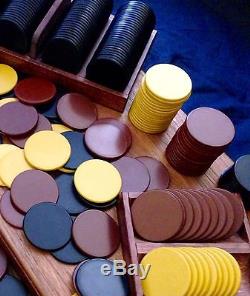 Rare Antique Clay Poker Set with 560 Chips in Black, Brown, YellowithGold & Case