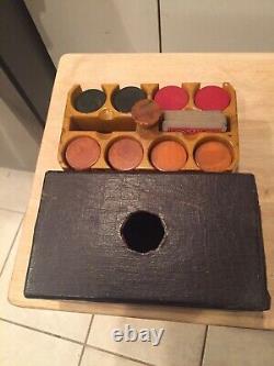 Rare Faux Leather Look Covered Bakelite Catalin Poker Chip Set w Rack ART DECO