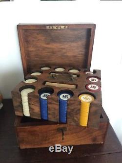 Rare Four Color Good Luck Swastika Poker Chip Set 296 ca 1920s Mahogany Case