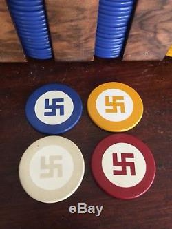 Rare Four Color Good Luck Swastika Poker Chip Set 296 ca 1920s Mahogany Case