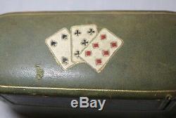 Rare vintage leather wrapped Italian playing card gambling box set poker chips
