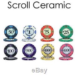 Scroll 10 gram Ceramic Poker Chip Set 500 with Customizable Wood Case