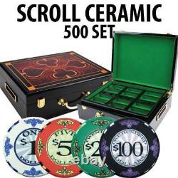 Scroll 10 gram Ceramic Poker Chip Set 500 with Hi Gloss Wood Case