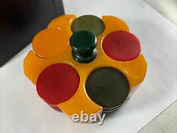 Set Of 93 Catalin Bakelite Poker Chips, 3 Colors, With Orig. Box And Chip Caddy