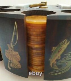 Set of 299 Vintage Catalin Poker Chips in a Wooden Art Deco Rack with Handle