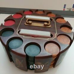 Set of 299 Vintage Catalin Poker Chips in a Wooden Art Deco Rack with Handle