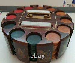 Set of 299 Vintage Catalin Poker Chips in a Wooden Art Deco Rack with Handle