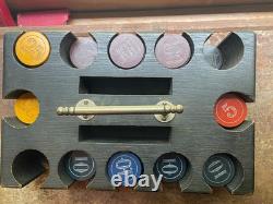 Set of Antique Numbered Poker Chips 5, 10, 25, 100 with antique caddy