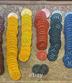 Set of Antique Numbered Poker Chips 5, 10, 25, 100 with antique caddy