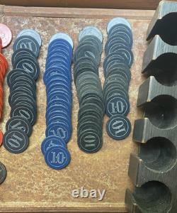 Set of Antique Numbered Poker Chips 5, 10, 25, 100 with antique caddy