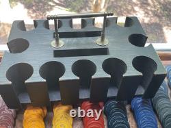 Set of Antique Numbered Poker Chips 5, 10, 25, 100 with antique caddy