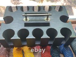 Set of Antique Numbered Poker Chips 5, 10, 25, 100 with antique caddy