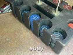 Set of Antique Numbered Poker Chips 5, 10, 25, 100 with antique caddy