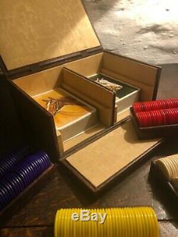 Stunning Antique Leather Poker Chip set and cards with Bakelite Dice