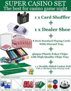 Super Casino Game Set 6 Deck Shuffler+360Pcs Chips+8 Poker Cards+Card Shoe+Chip Super Casino Game Set 6 Deck Shuffler+360Pcs Chips+8 Poker Cards+Card Shoe+Chip
