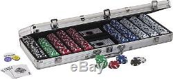 Texas Hold Em Poker Chip Set With 500 Striped Dice Chips In Silver Aluminum Case