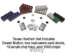 Texas Holdem Poker Chips Set Casino Suited Acrylic Tray Professional Cards New