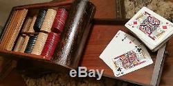 Very Unique Antique Poker Chip Set With Roll Top Cover And Locking Drawer