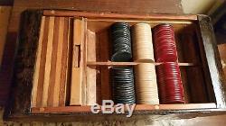 Very Unique Antique Poker Chip Set With Roll Top Cover And Locking Drawer