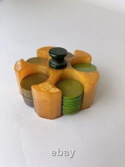 VINTAGE BAKELITE POKER CHIP SET STAND 3.25 Butterscotch Holder Green Chips AA73