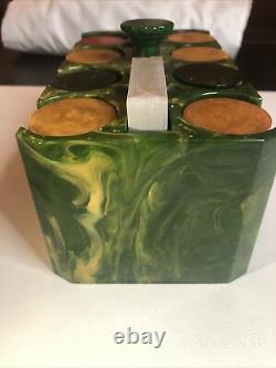 VINTAGE GREEN BAKELITE CATALIN POKER CHIP SET with GREEN HOLDER ART DECO