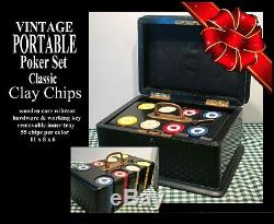 VINTAGE PORTABLE TRAVEL CLAY POKER CHIP SET LOCKING BOX WithBRASS HARDWARE & KEY