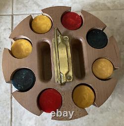 VINTAGE SET OF 200 BAKELITE/CATALIN POKER CHIPS WithCAROUSEL CADDY BLUE YELLOW RED