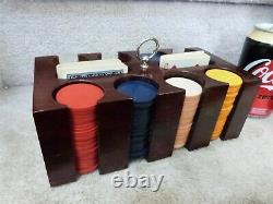 VINTAGE Set of 200+BAKELITE Poker Chips Wood Box & Rack Insert