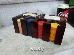 VINTAGE Set of 200+BAKELITE Poker Chips Wood Box & Rack Insert