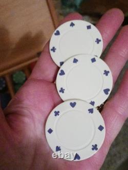 VINTAGE clay poker chip set Unique Wood box Hand Carved / Painted Old Estate