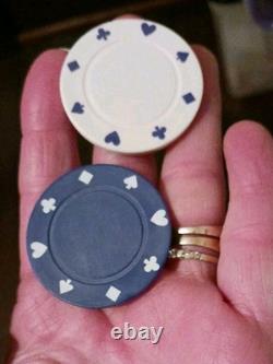 VINTAGE clay poker chip set Unique Wood box Hand Carved / Painted Old Estate