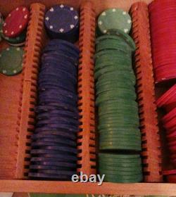 VINTAGE clay poker chip set Unique Wood box Hand Carved / Painted Old Estate