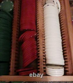VINTAGE clay poker chip set Unique Wood box Hand Carved / Painted Old Estate