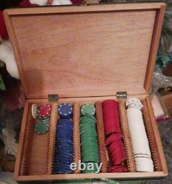 VINTAGE clay poker chip set Unique Wood box Hand Carved / Painted Old Estate
