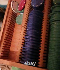 VINTAGE clay poker chip set Unique Wood box Hand Carved / Painted Old Estate