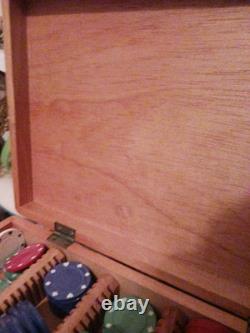 VINTAGE clay poker chip set Unique Wood box Hand Carved / Painted Old Estate