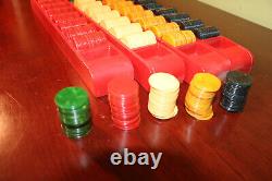 VTG 827pc Set Bakelite Poker Chips 5 Different Colors Handmade Wooden Racks RARE