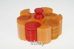 VTG Catalin Bakelite Marbleized Butterscotch Mini Poker Chip Set Caddy & Chips