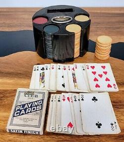 VTG Poker Set in Wood Stand with Original Playing Cards & Bakelite Chips